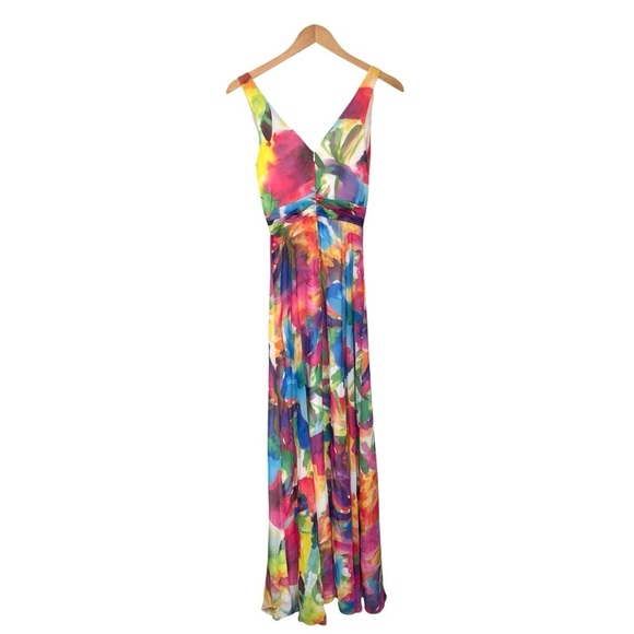 Liv Foster Abstract Floral Print Tie Dye Boho Deep V-Neck Cutout Gown 0, XS/S - Picture 4 of 10